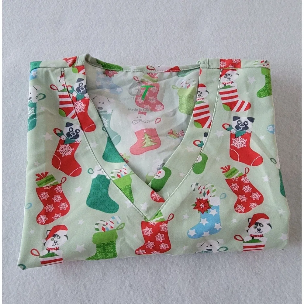 Green Town Scrubs for Women V-Neck Scrub Cat and Dog Christmas Scrub Top - Green